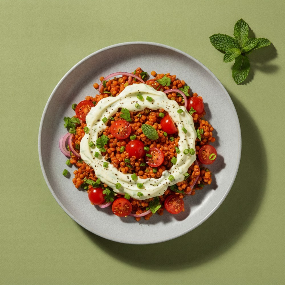 Lentil and tomato salad with yogurt dressing on a green surface